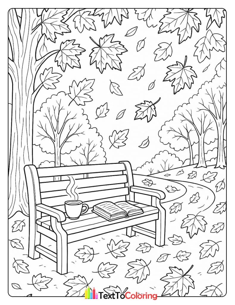 A cozy autumn coloring page with a park bench, a steaming mug, a book, and a path surrounded by falling leaves.
