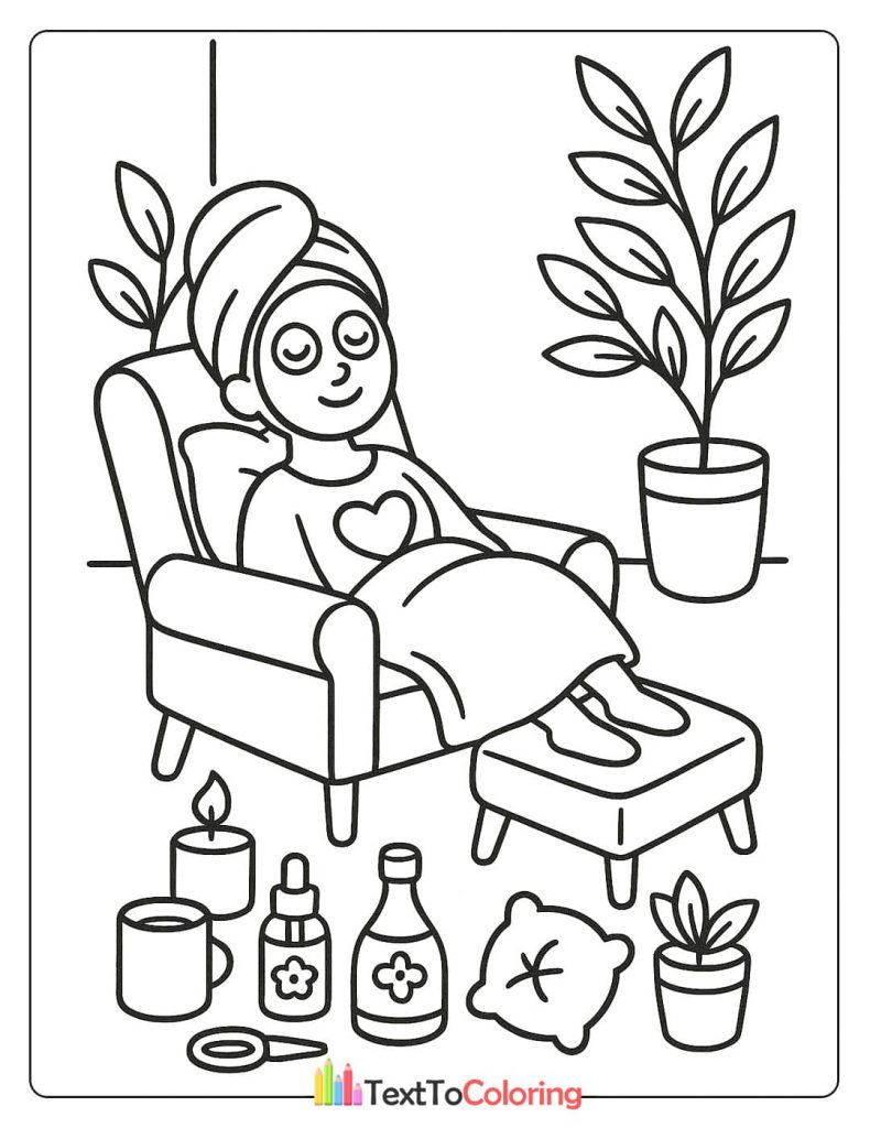 A serene coloring page of a woman relaxing in a chair with a face mask, a towel on her head, and a variety of spa products like candles and essential oils.