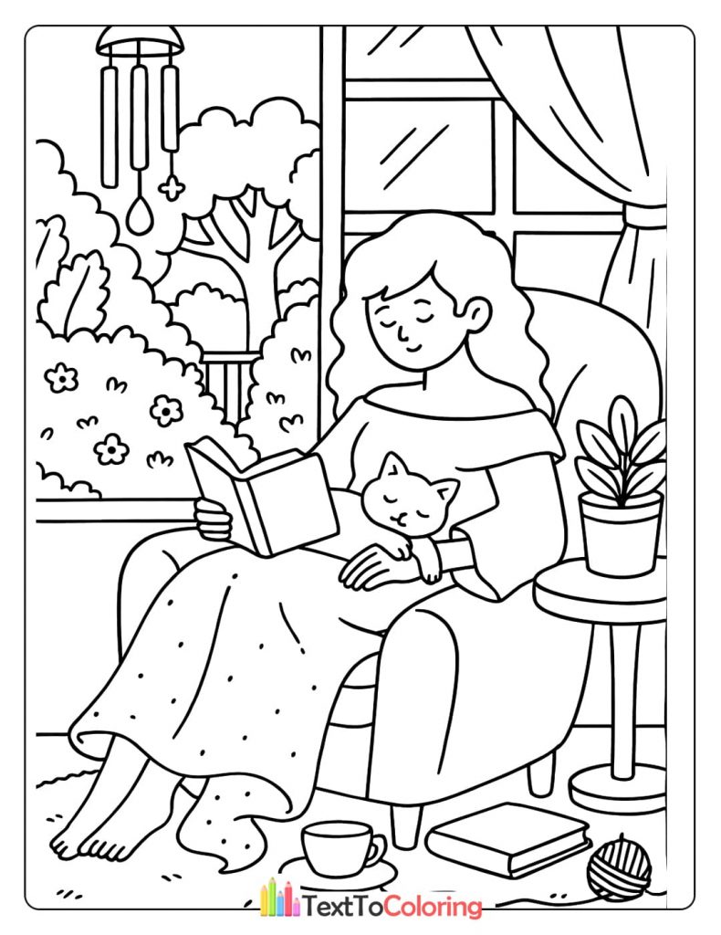 A woman sits in an armchair, reading a book with a cat sleeping on her lap.