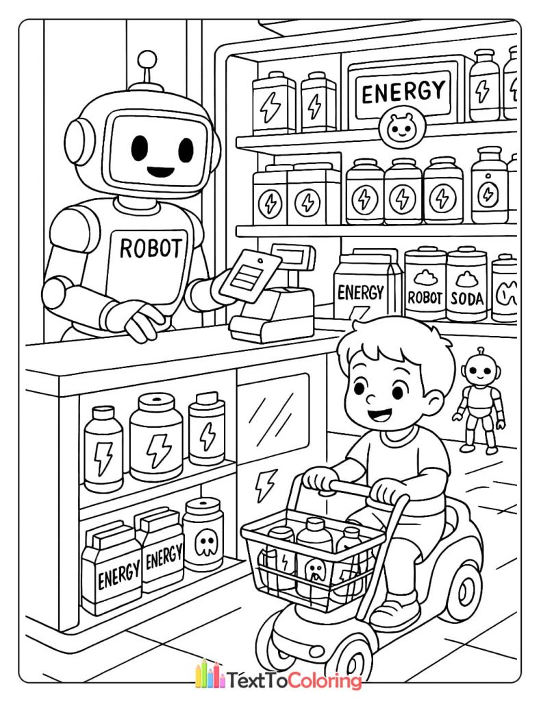 A boy riding a toy shopping cart is at a mini-mart with a robot cashier. The shelves are stocked with "energy" drinks.