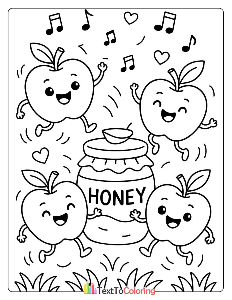 A coloring page with four dancing apples and a big jar of honey.