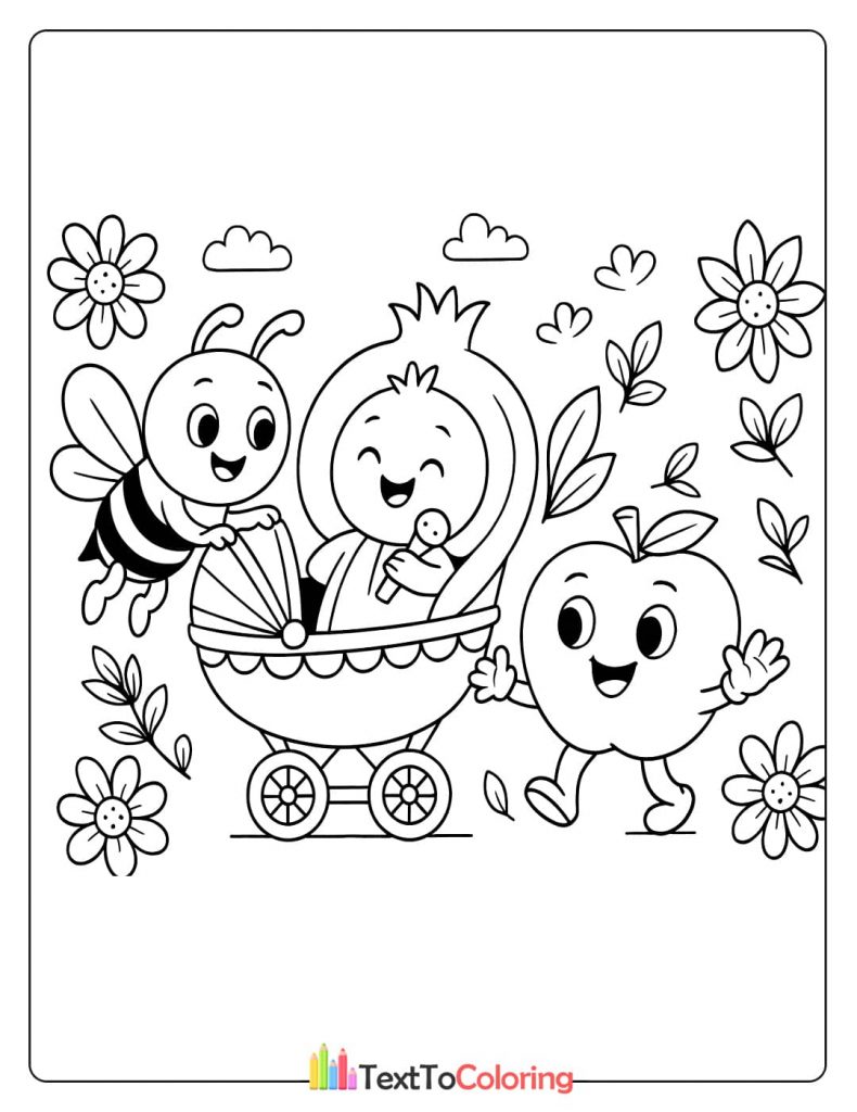 A cute coloring page with a bee pushing a baby pomegranate in a stroller, with an apple walking beside them.