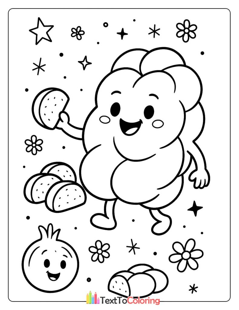 A coloring page of a happy cartoon challah bread holding a slice, with other slices and a smiling pomegranate on the ground.