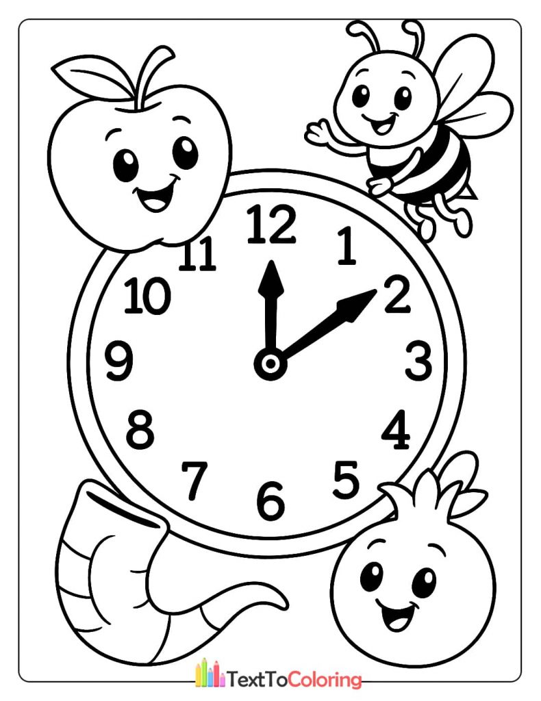 A coloring page with a clock surrounded by a cartoon apple, bee, shofar, and pomegranate.