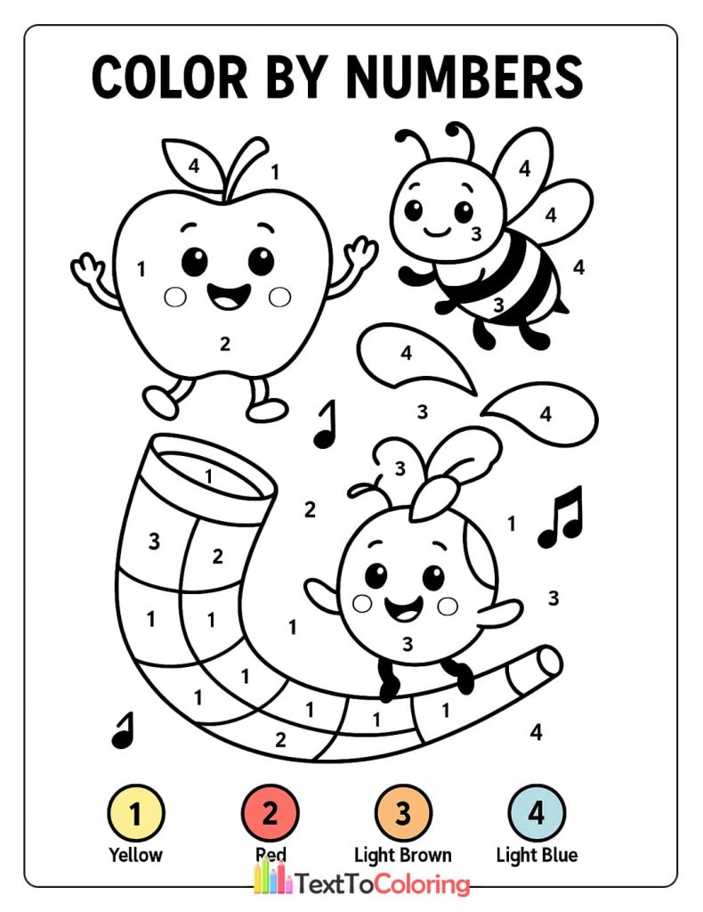 A color by numbers coloring page for Rosh Hashanah with an apple, a bee, and a shofar.