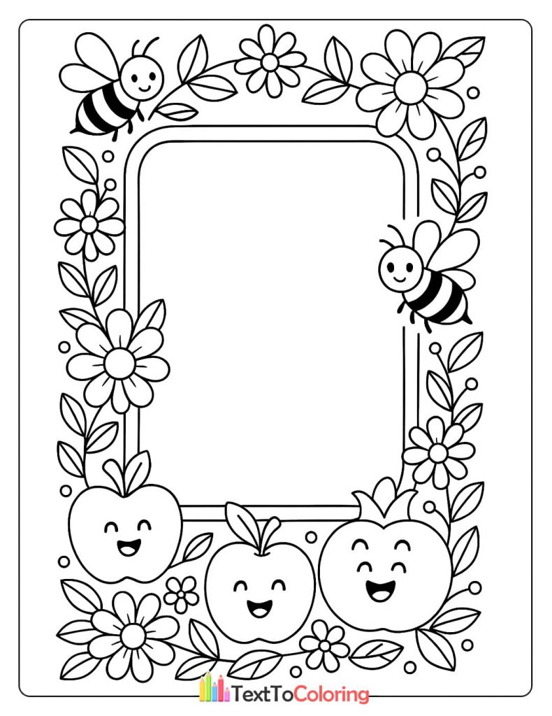 A floral-themed coloring page with a blank frame, decorated with apples, flowers, and bees.