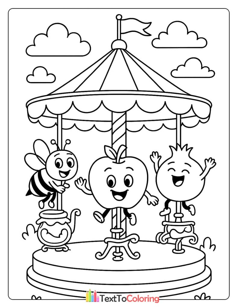 A coloring page with a bee, an apple, and a pomegranate on a merry-go-round with a honey pot.