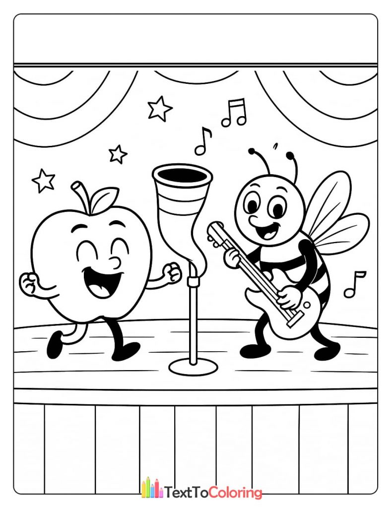 A bee playing a guitar on a stage with an apple singing into a microphone.