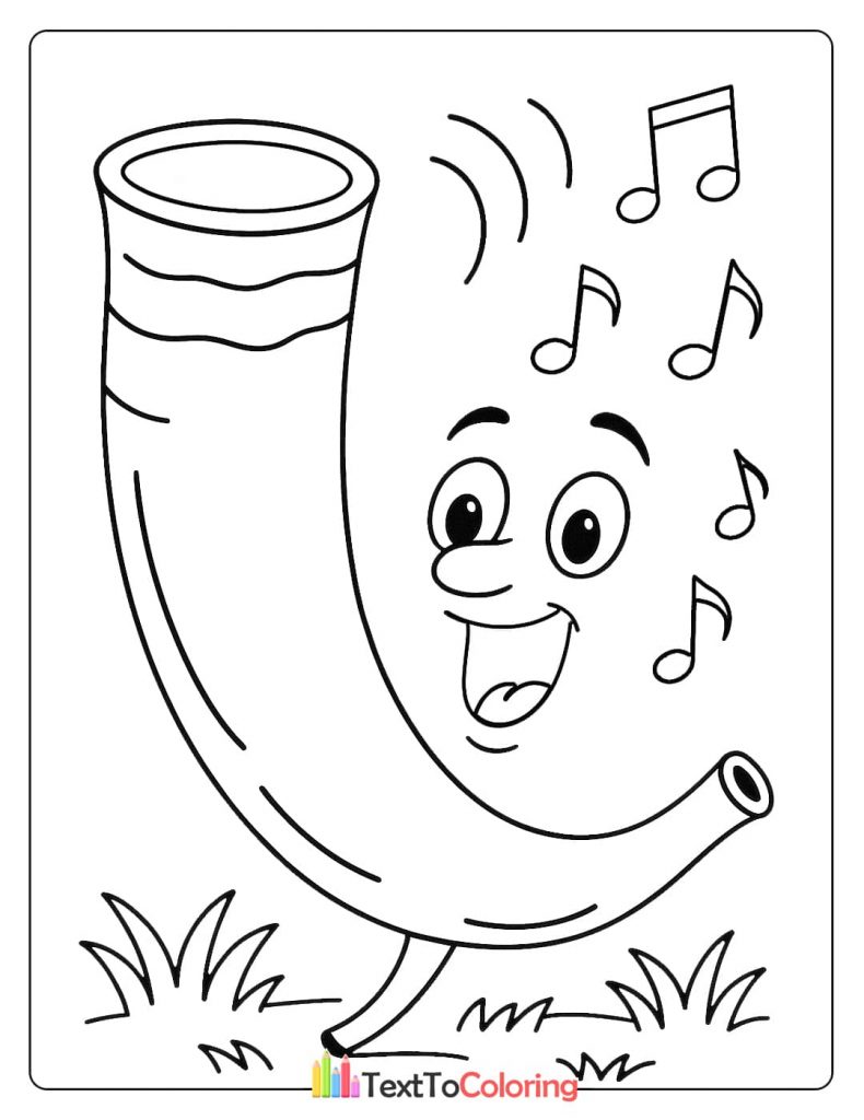 A cartoon-style coloring page of a happy shofar blowing musical notes.