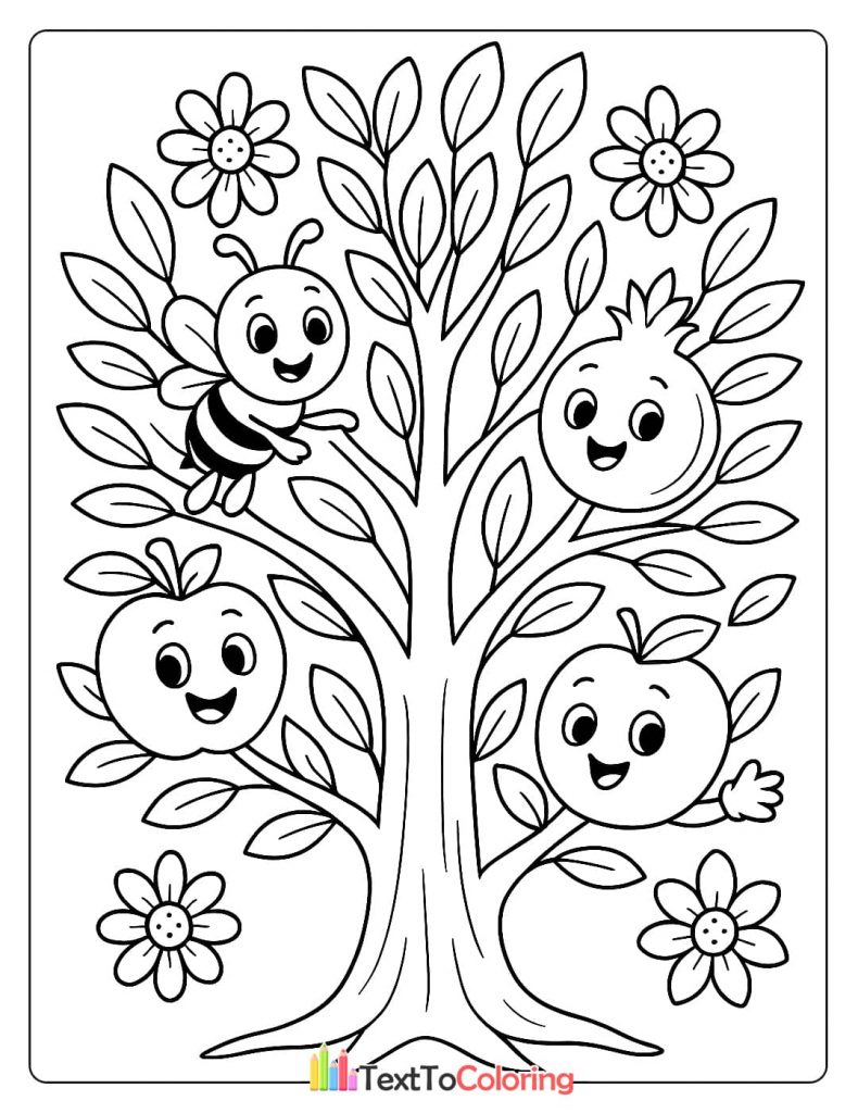 A beautiful coloring page of a tree with cartoon apples, a pomegranate, and a bee.