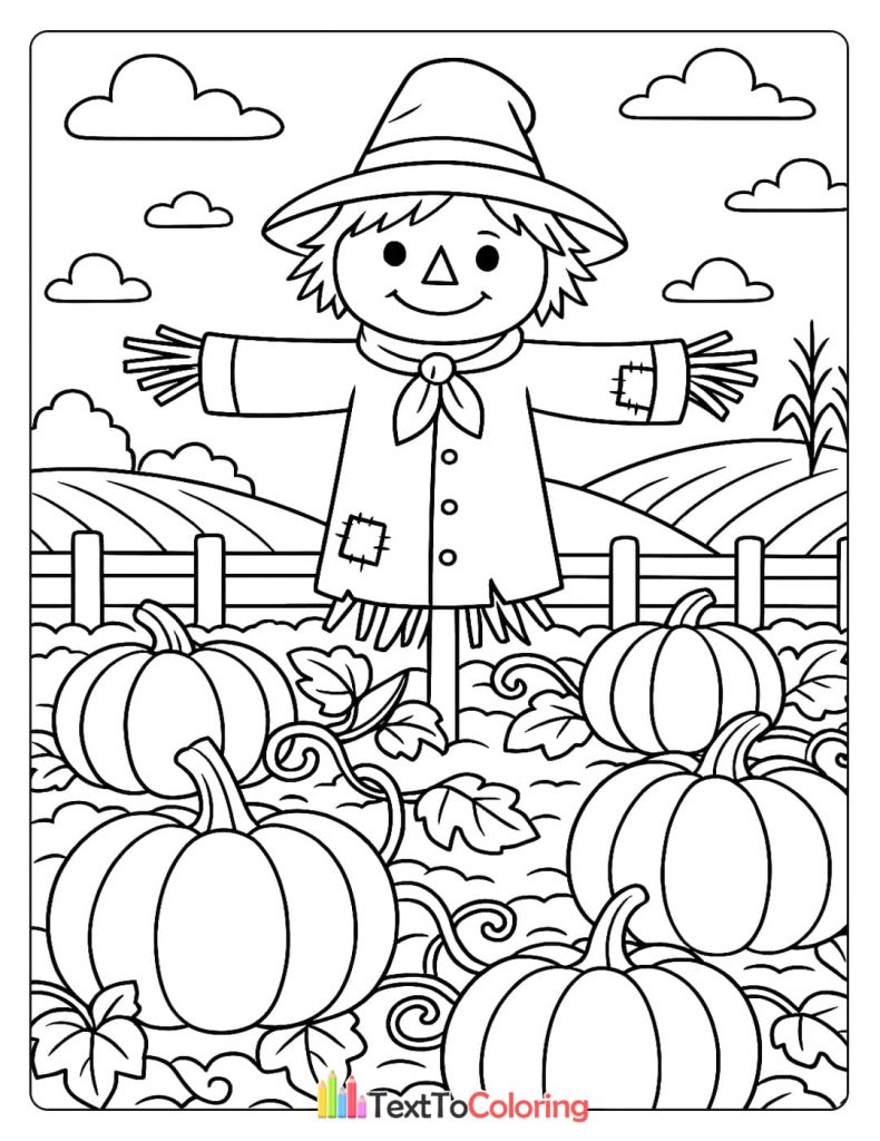 A friendly scarecrow stands in a field of pumpkins with a farm in the background.