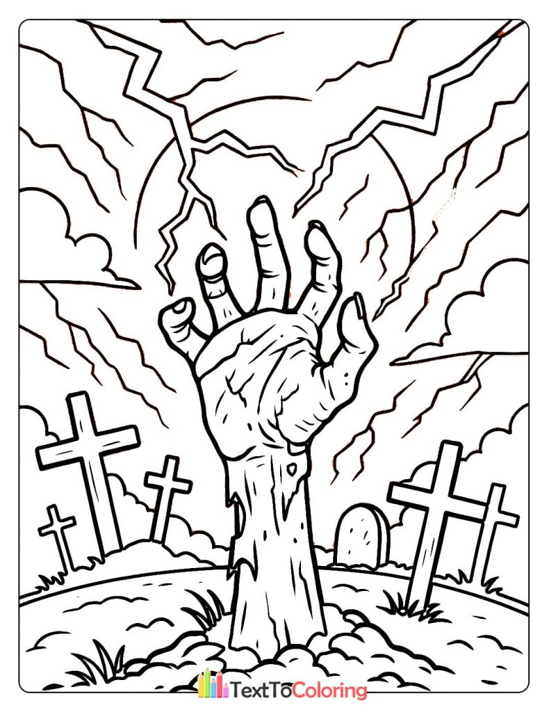 Zombie hand rising from graveyard under lightning sky