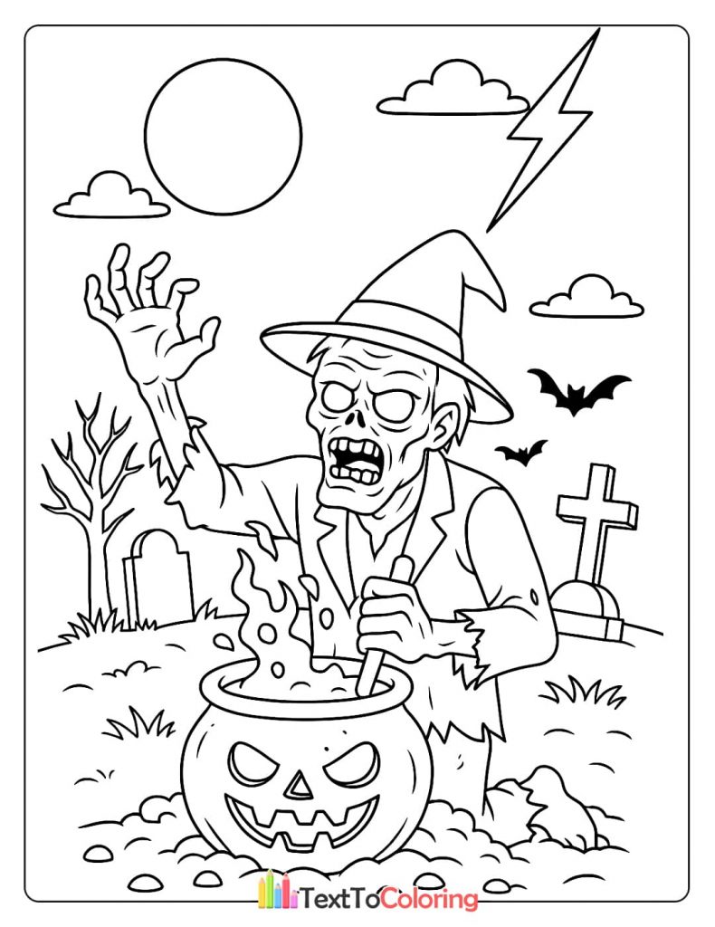 Undead zombie stirring a bubbling jack o lantern cauldron