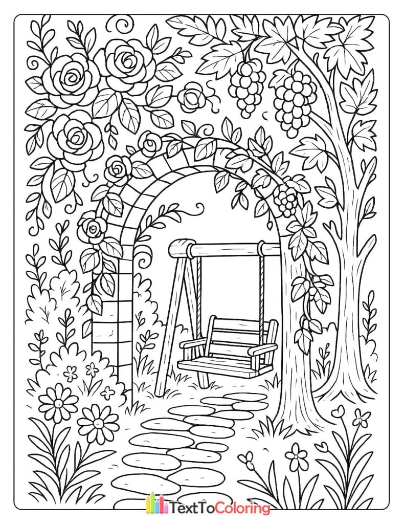 Beautiful garden coloring page with a swing under a tree and a rose-covered stone archway.