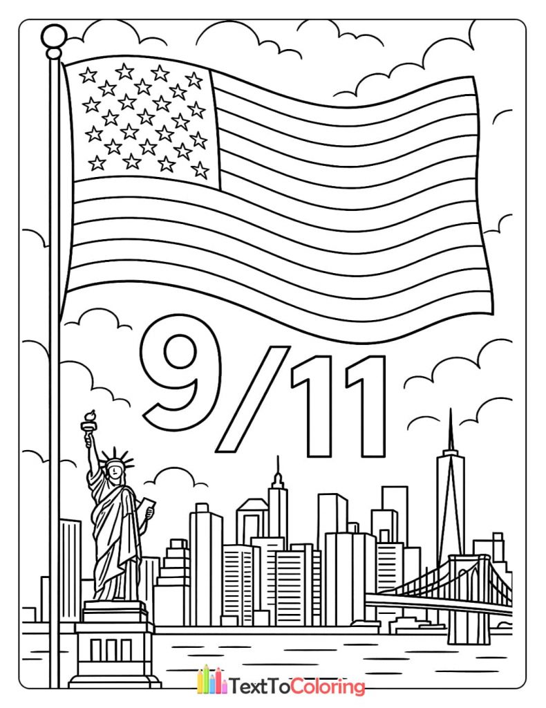 September Eleventh coloring page with the Statue of Liberty, skyline, and American flag