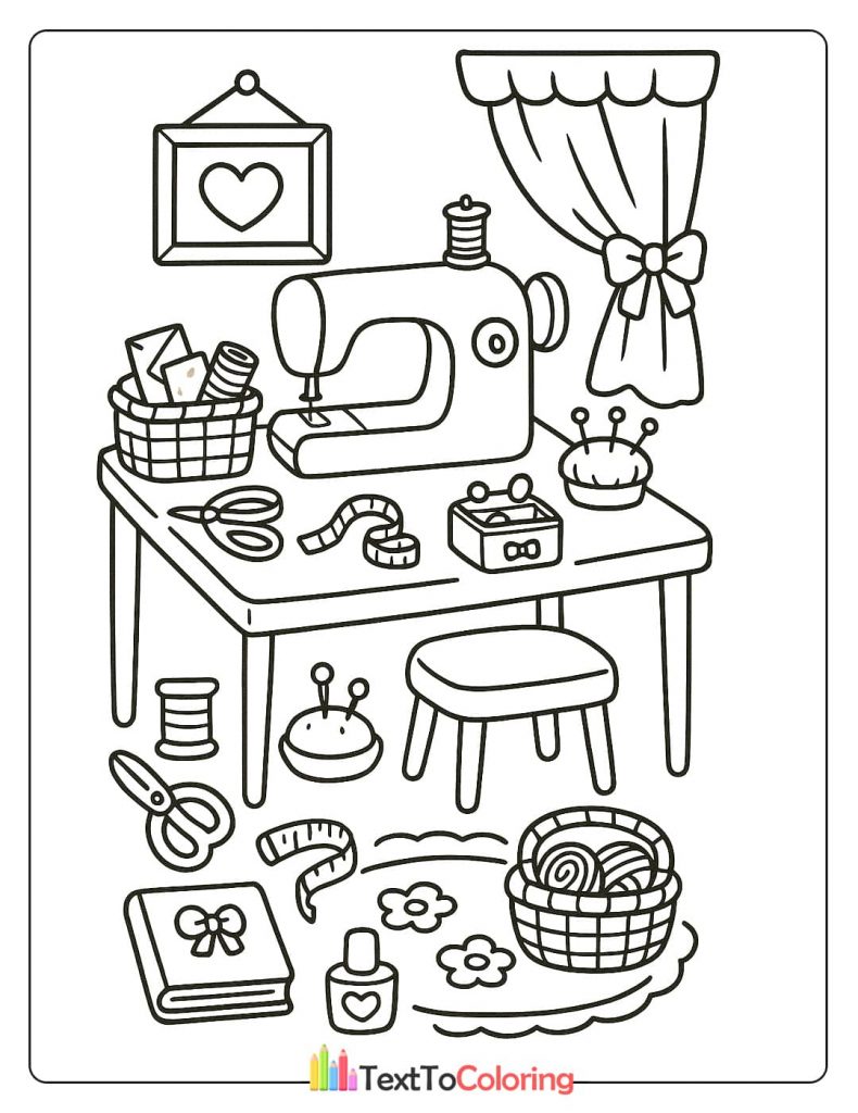 A detailed coloring page of a sewing table with a sewing machine, scissors, a measuring tape, and a basket of yarn.