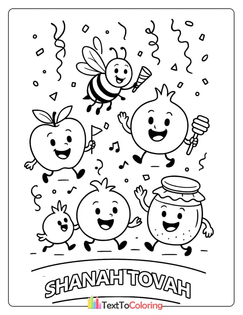 A festive Rosh Hashanah coloring page with dancing characters around a table with a braided challah.