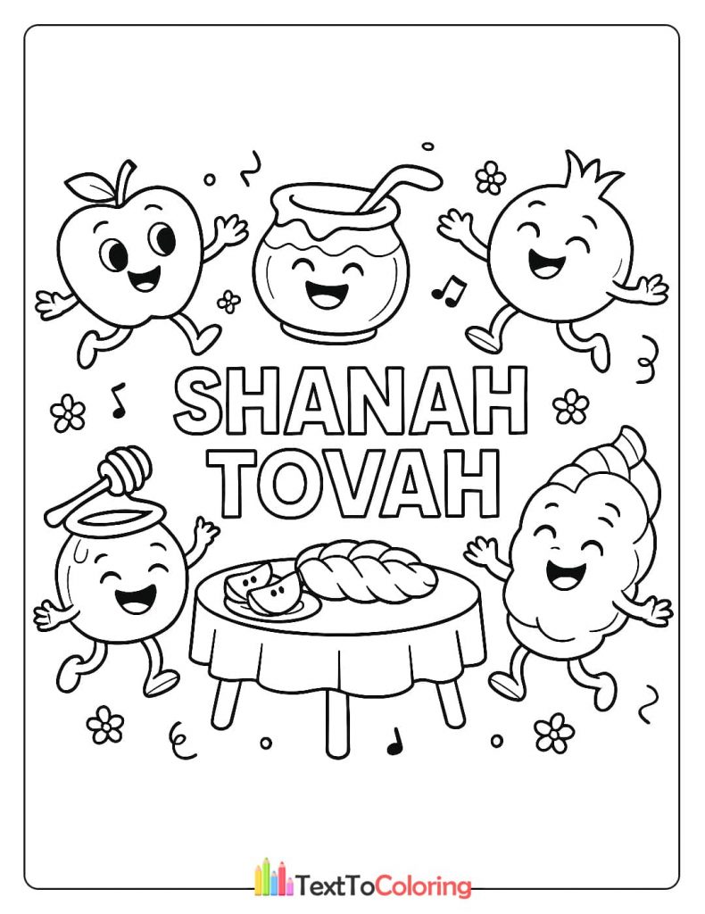 festive coloring page with cartoon characters (apples, pomegranates, bee, and honey jar) celebrating with the text "Shanah Tovah."