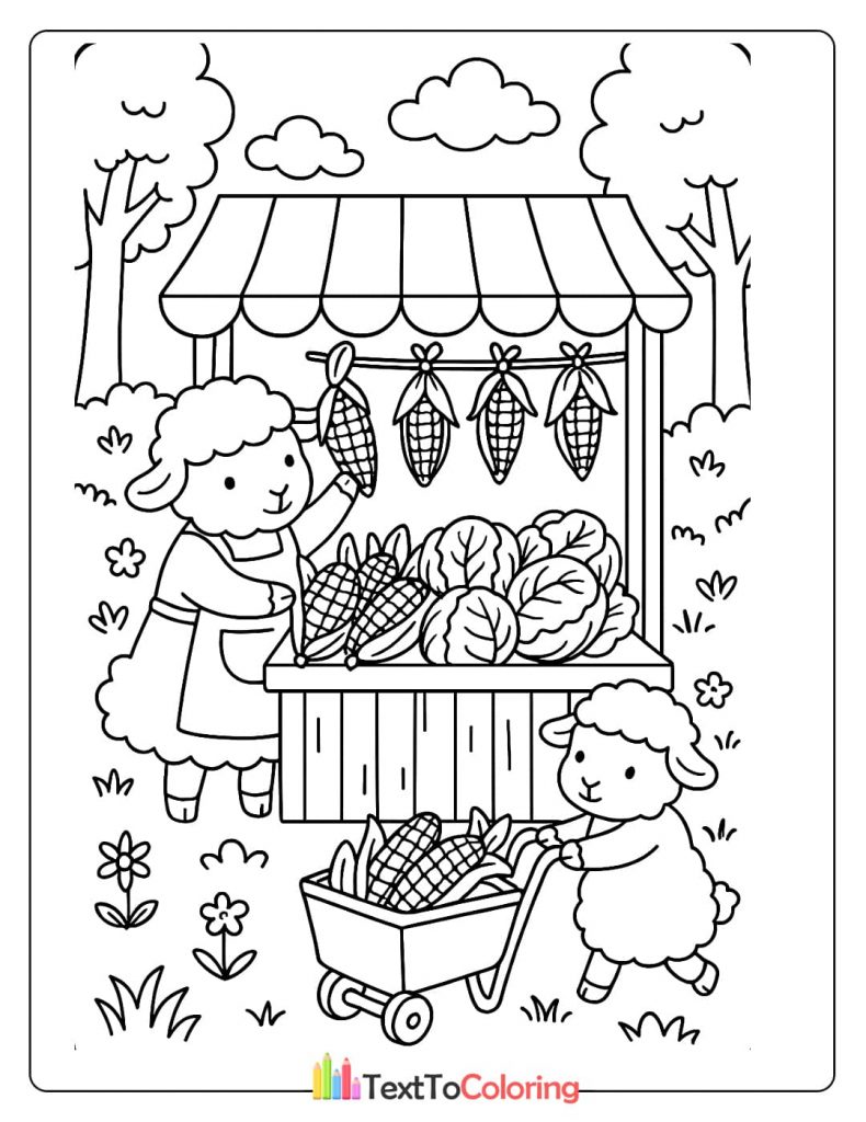 A printable coloring page with two sheep at a market stand selling corn and cabbage.