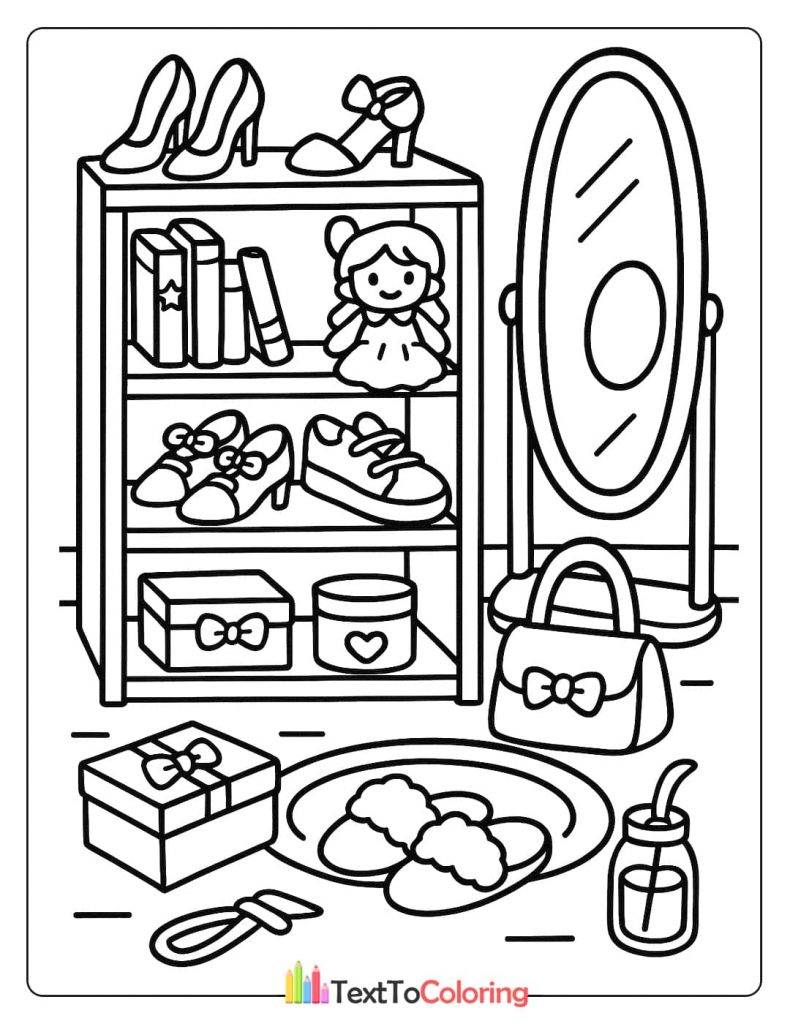 A detailed coloring page of a shoe closet with shelves full of high heels, sneakers, and ballet flats, a handbag, and a large mirror.