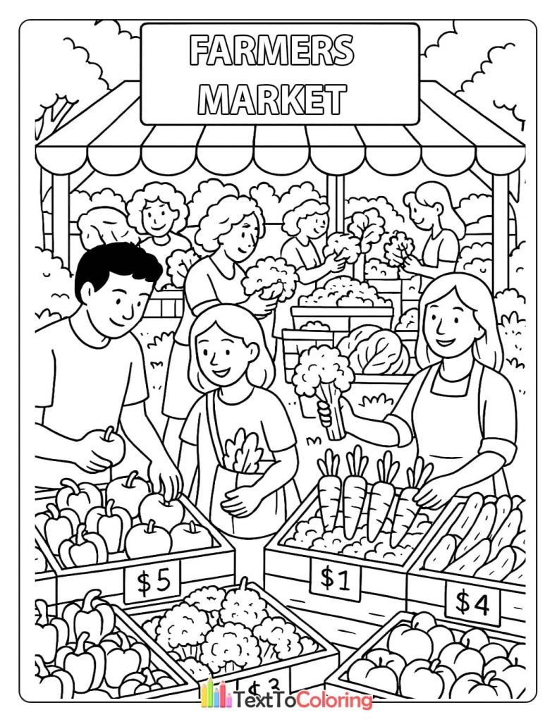 A printable coloring page of a busy market scene with shoppers and vendors interacting, buying apples, carrots, and other vegetables.