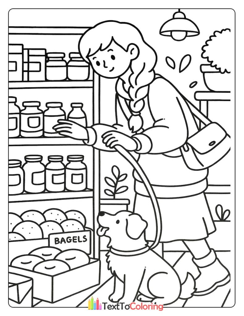 A girl walking her dog on a leash inside a mini-mart, with her dog looking at a display of bagels.