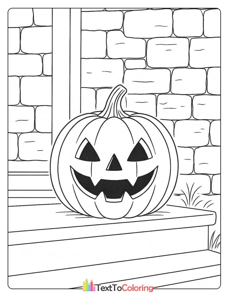 Smiling carved pumpkin on a front porch step Halloween decor