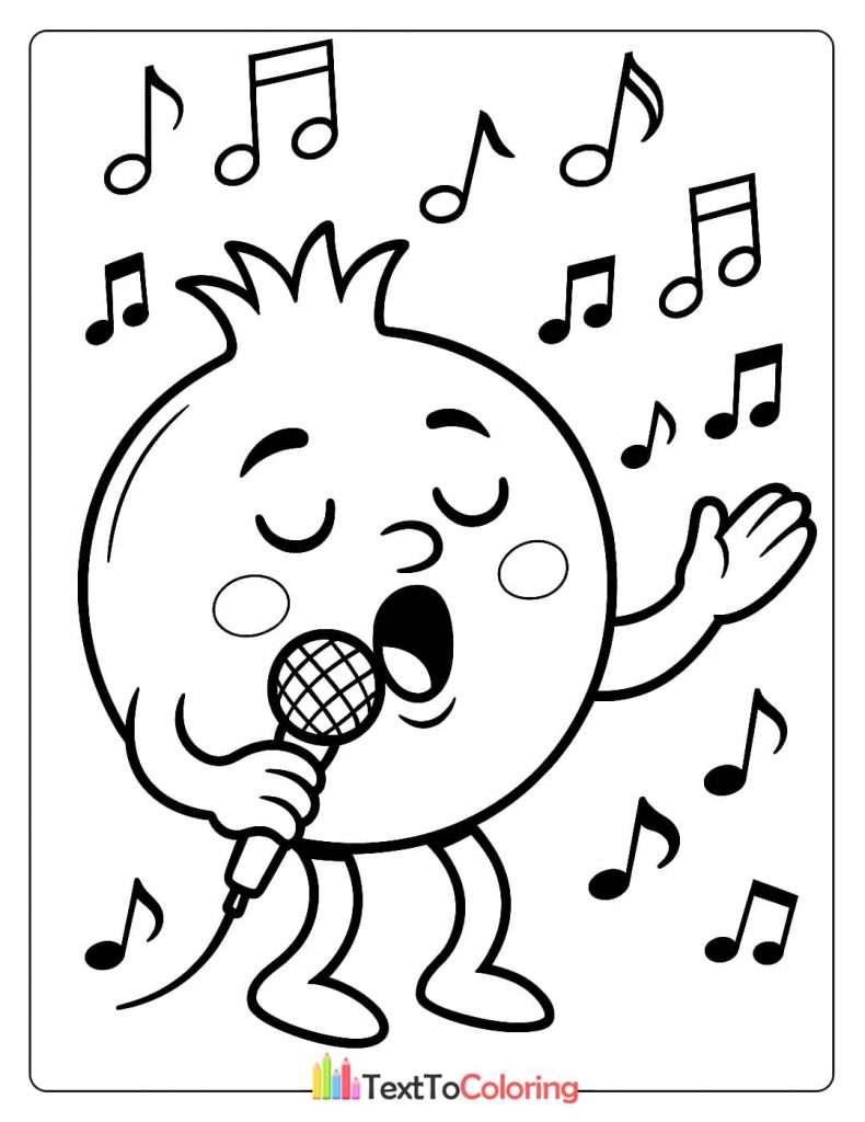 A cartoon pomegranate with a microphone, singing a song, with musical notes around it.