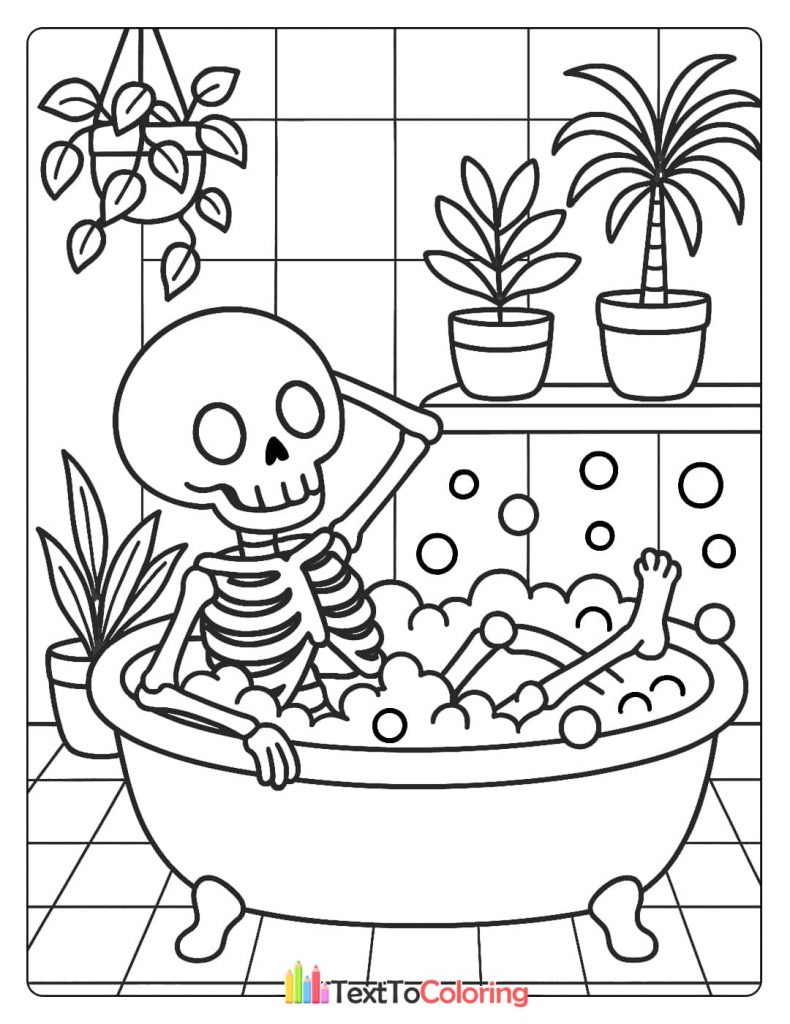 A skeleton relaxing in a bathtub filled with bubbles, surrounded by potted plants.