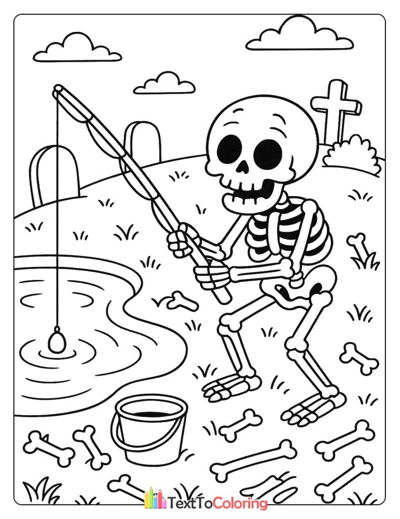 A skeleton fishing by a pond in a cemetery, surrounded by bones and tombstones.