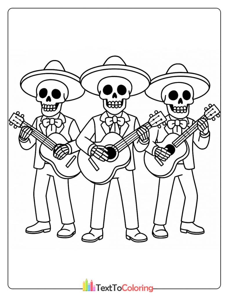 Three skeletons in sombreros playing guitars Day of the Dead