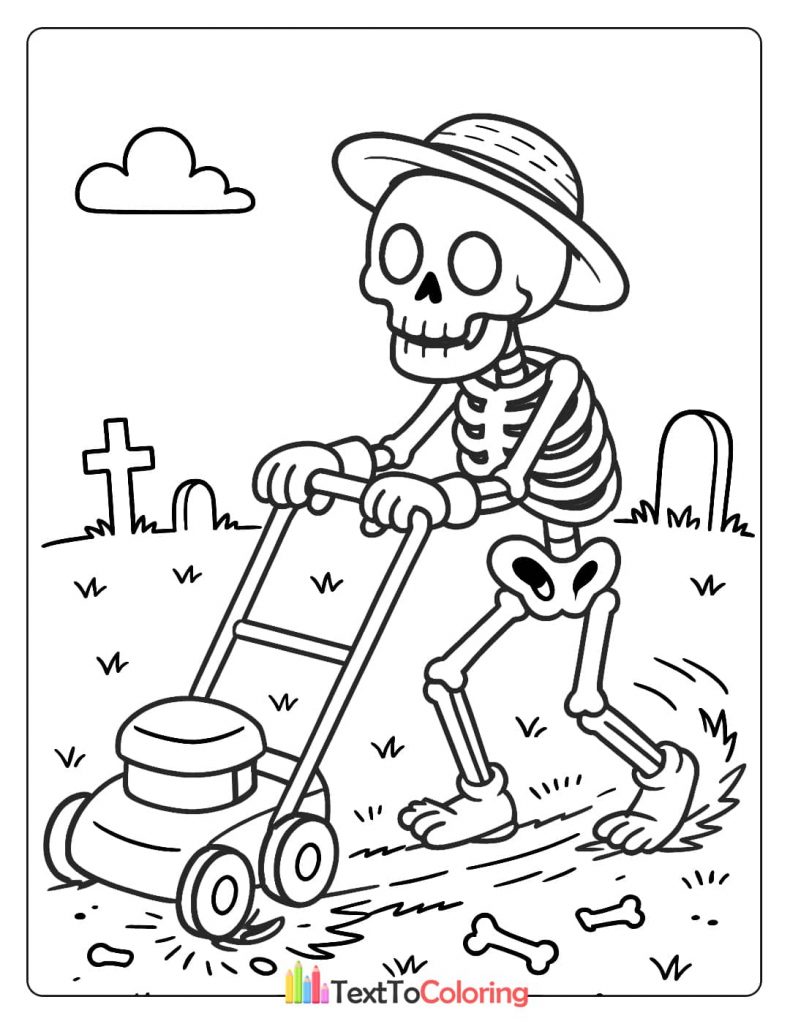 A skeleton wearing a straw hat, pushing a lawnmower in a cemetery. There are graves and bones on the ground.