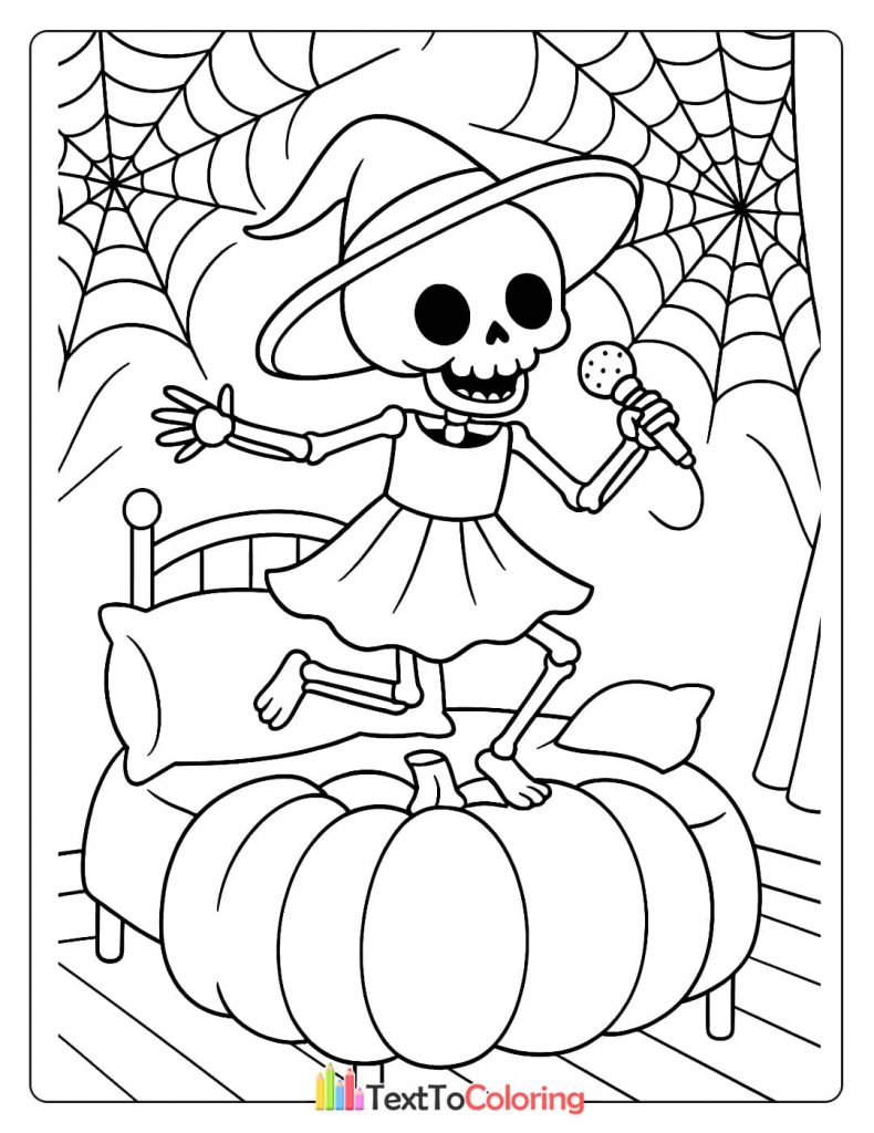 A female skeleton in a witch hat and dress, holding a microphone and singing while standing on a giant pumpkin bed.