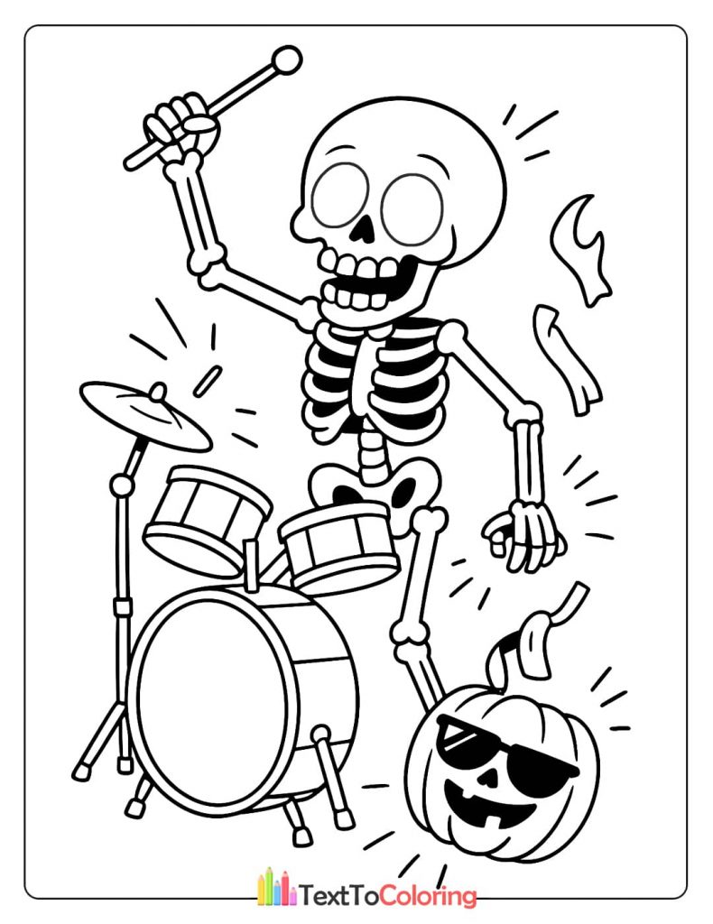 A skeleton playing the drums, looking excited and energetic. A pumpkin with sunglasses is next to the drum set.