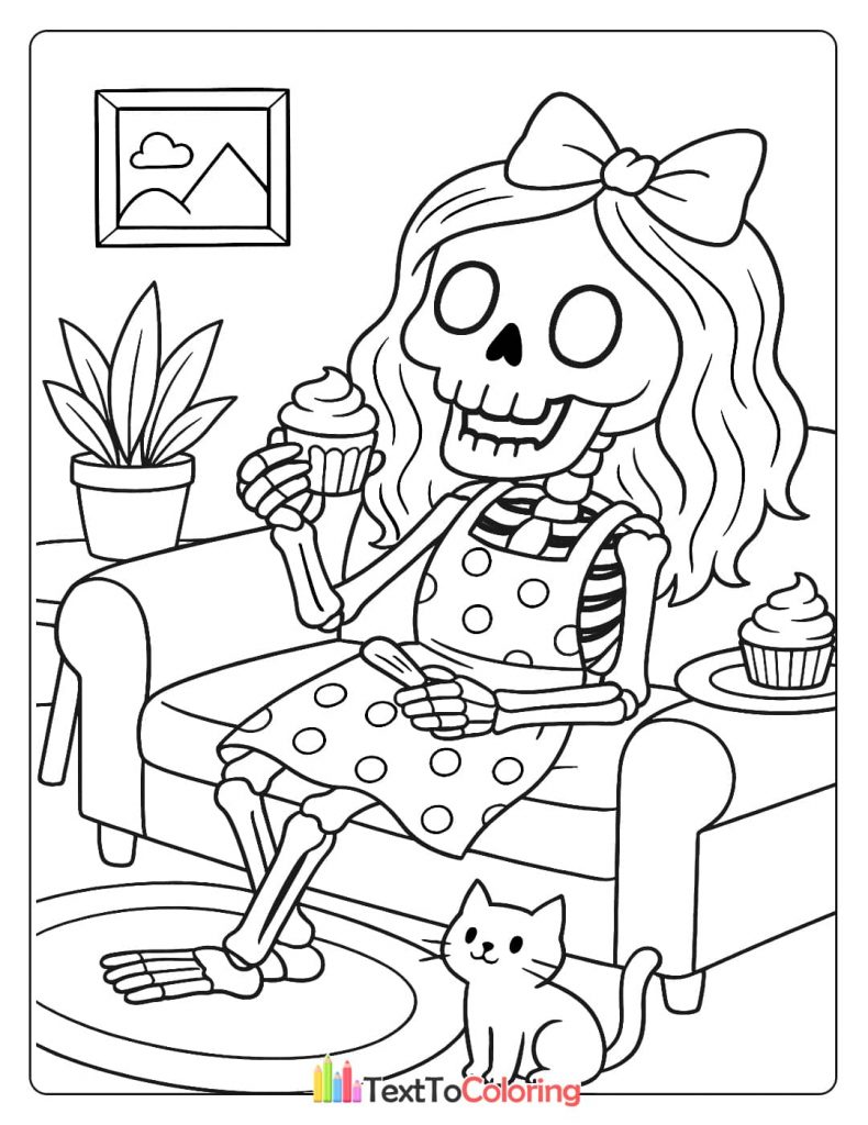 A female skeleton with long hair and a bow, sitting on a couch and eating a cupcake. A cat is on the floor beside her.