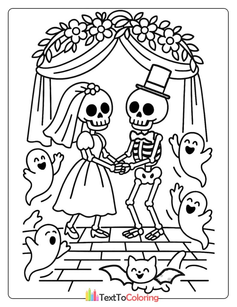 A skeleton bride and groom getting married under a floral arch, with ghosts and a bat celebrating around them.