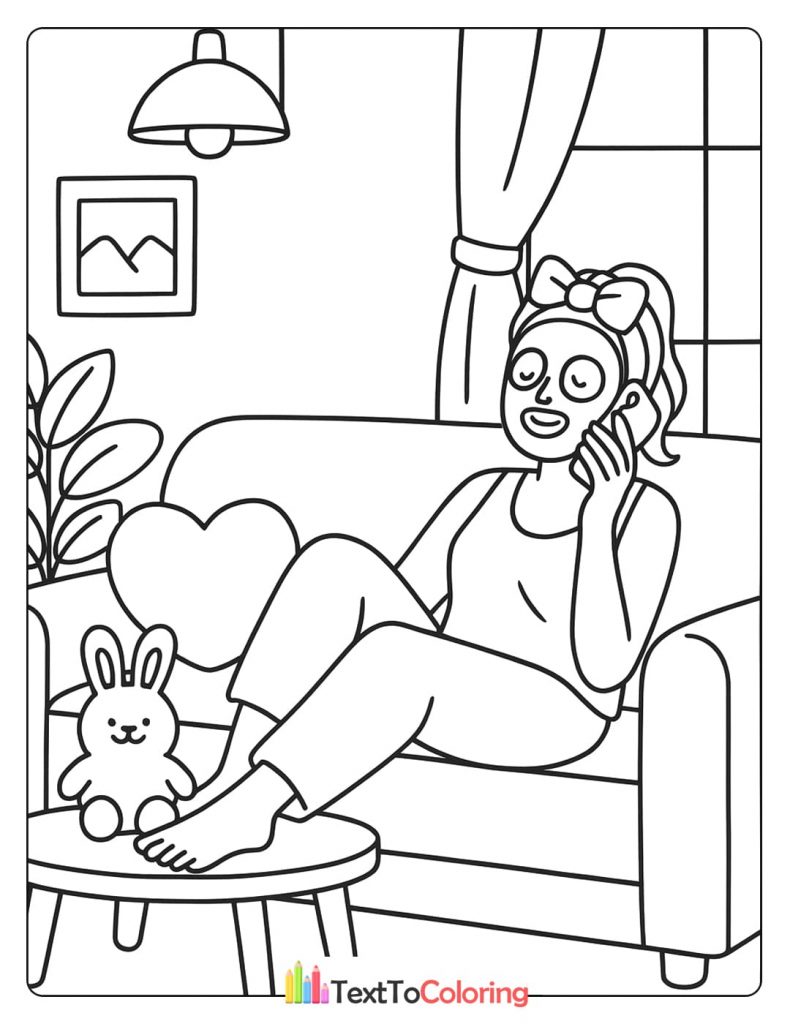 A person with a face mask on lies on a couch, talking on the phone.