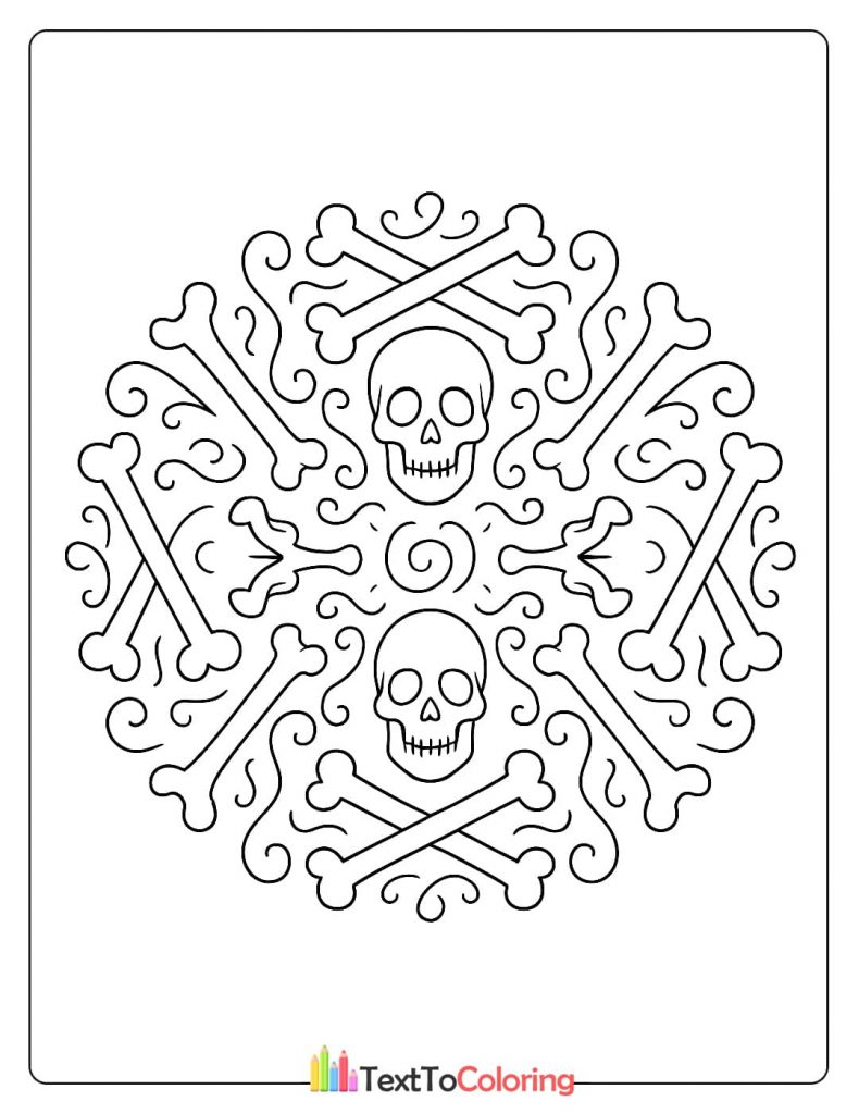 Skull and crossbones pirate Halloween mandala coloring pattern