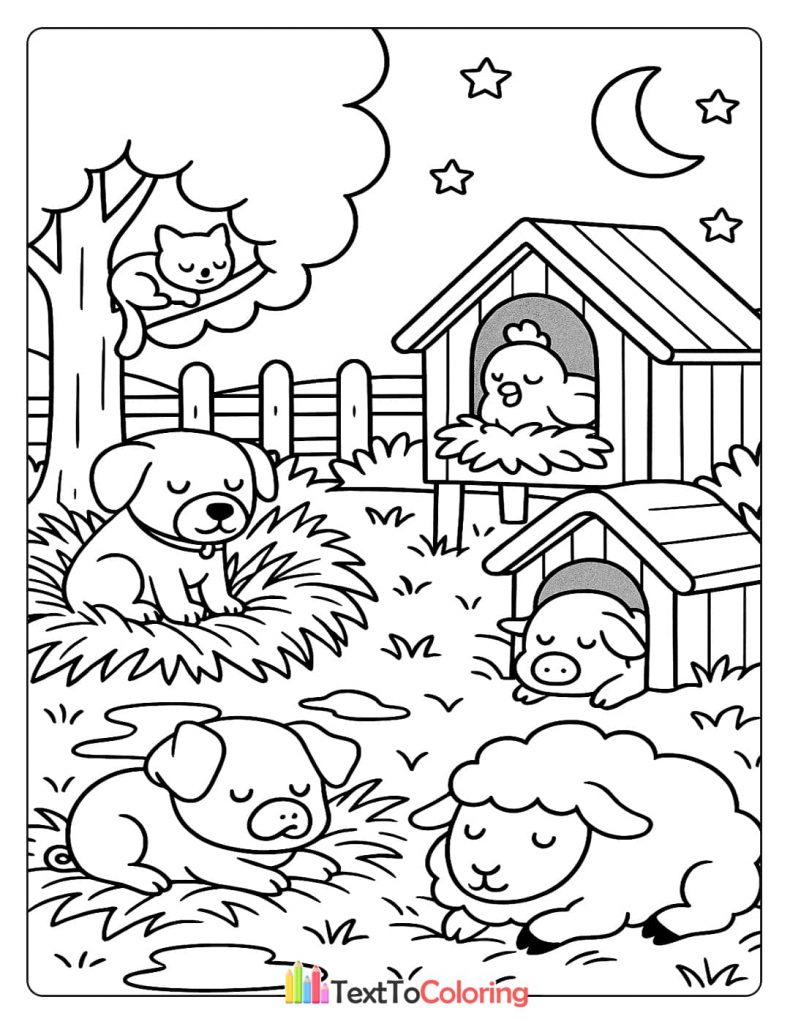 A black and white coloring page showing a sleeping dog, pig, sheep, cat, and chicken at a farm under the moon and stars.