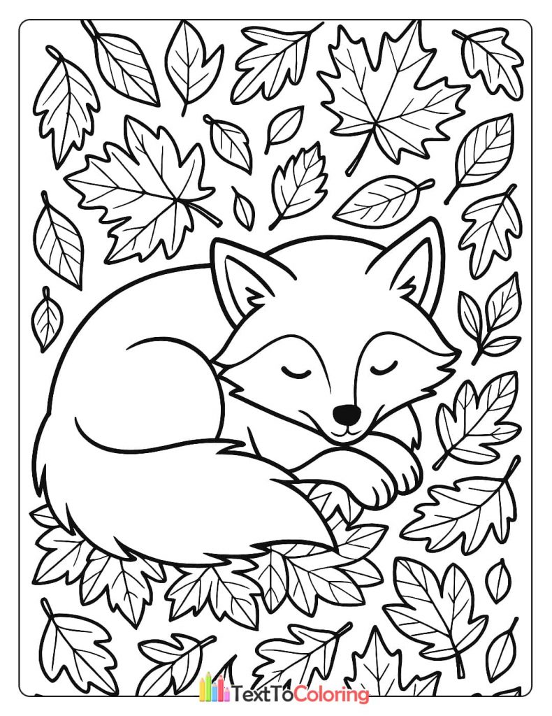 A cute coloring page of a sleeping fox curled up among a bed of autumn leaves.