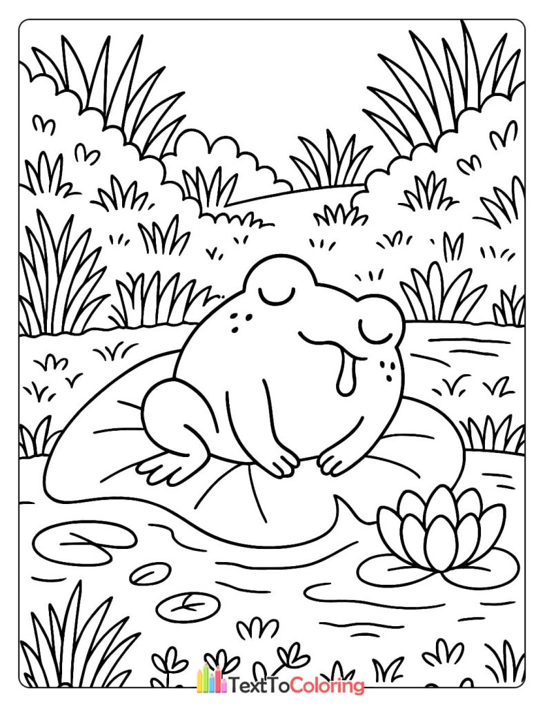 Simple coloring page of a chubby frog sleeping peacefully on a large lily pad in a pond.