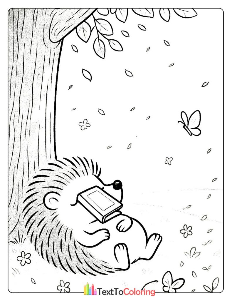 A peacefully sleeping hedgehog curled up on a bed of leaves, with the sun shining through a window.