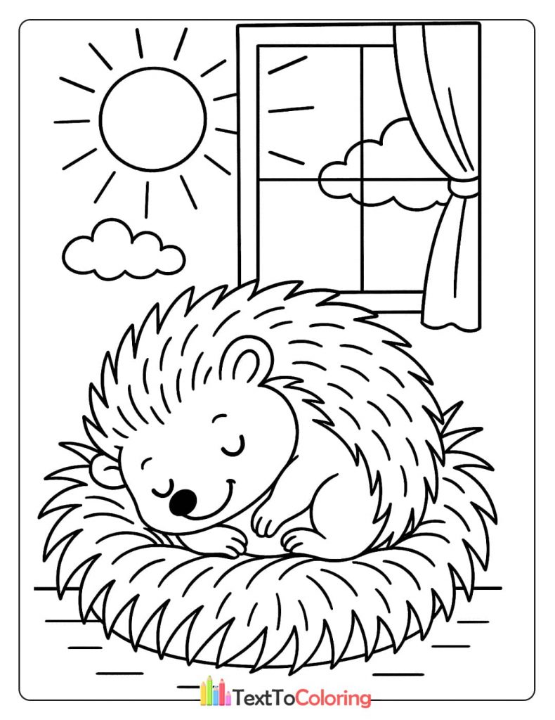 A peacefully sleeping hedgehog curled up on a bed of leaves, with the sun shining through a window.