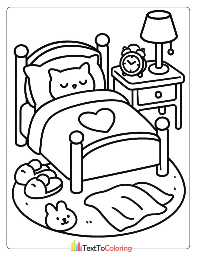 A cute bedroom scene for coloring with a kitten sleeping on a bed with a heart pillow, a lamp, an alarm clock, and slippers on the rug.