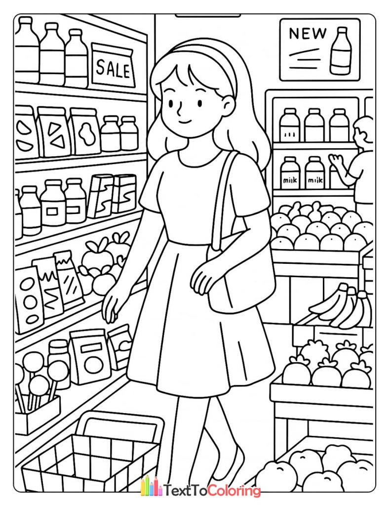 A young woman with a handbag and a shopping basket walking through a mini-mart aisle, looking at the fruit and other products.