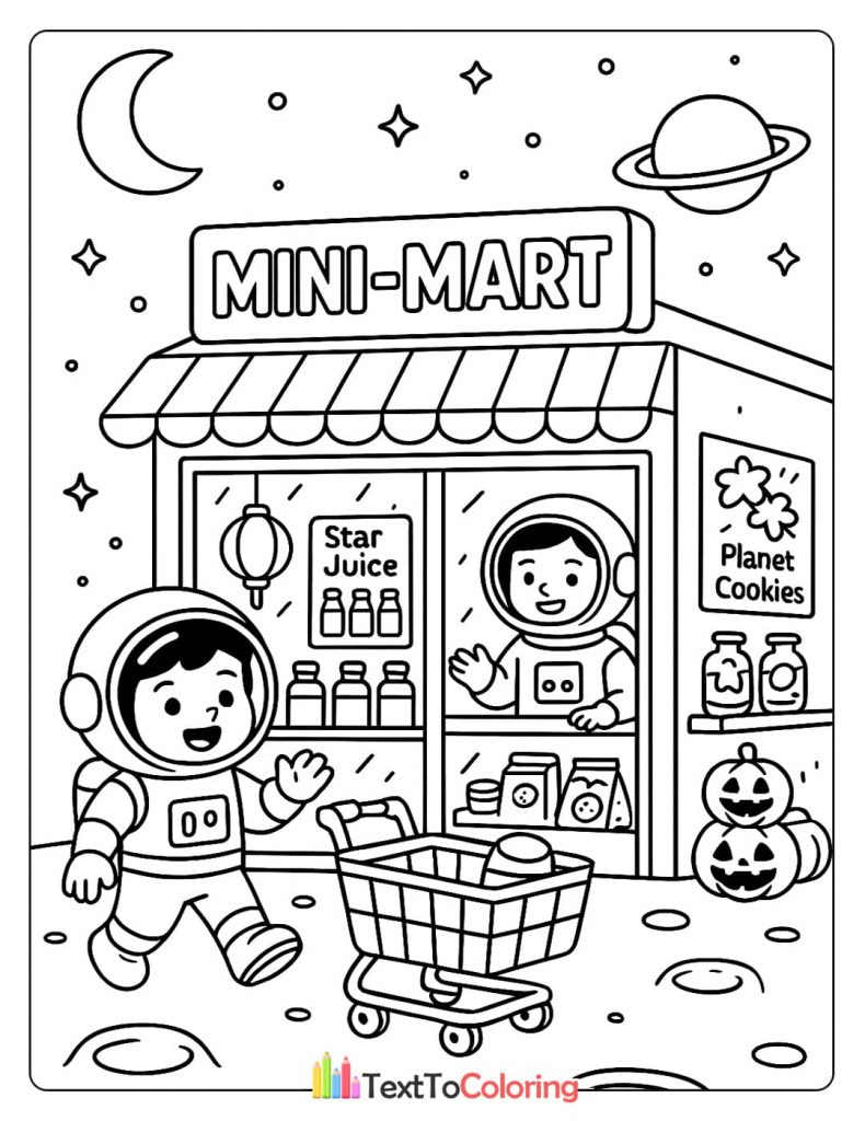 An astronaut pushing a shopping cart on a moon-like surface outside a mini-mart. Another astronaut is waving from inside the store.