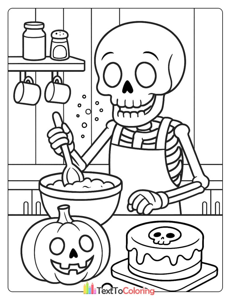 A skeleton wearing an apron, mixing ingredients in a bowl on a kitchen counter. A jack-o'-lantern and a cake with a skull on top are next to the bowl.