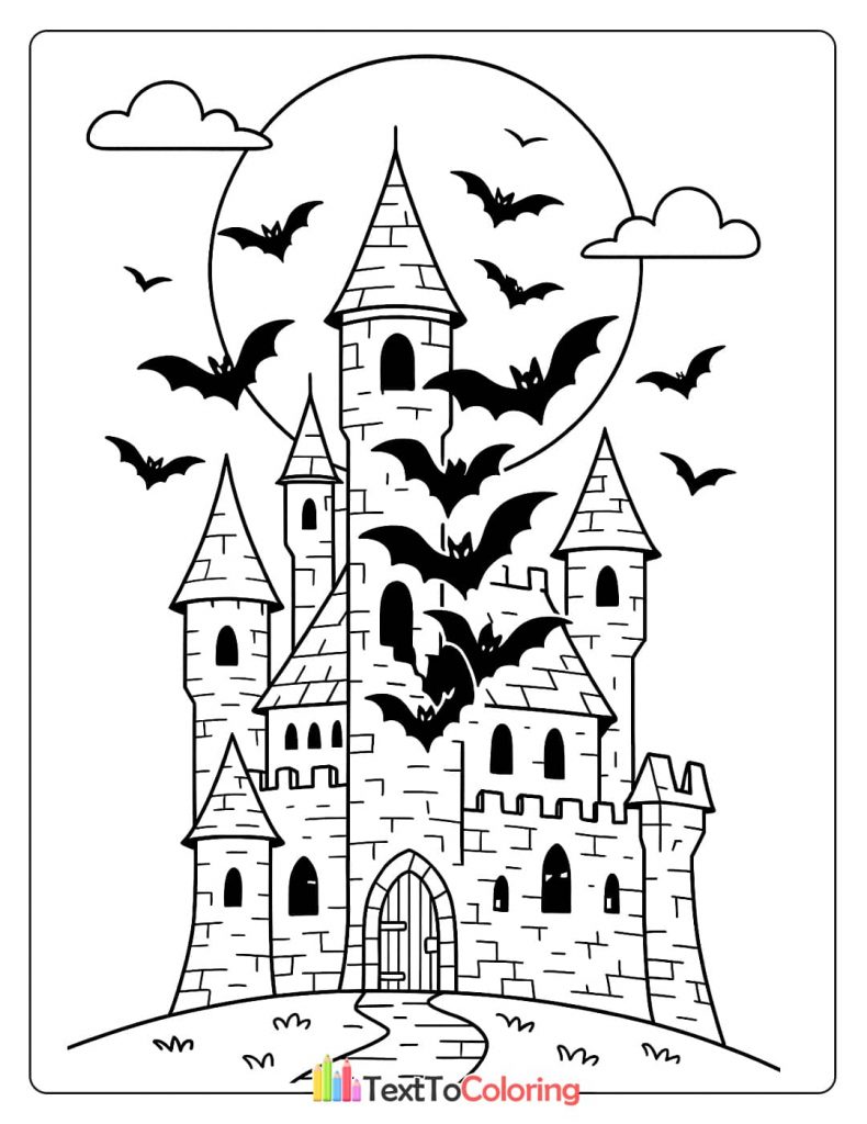 Haunted castle silhouette with swarm of flying bats and full moon