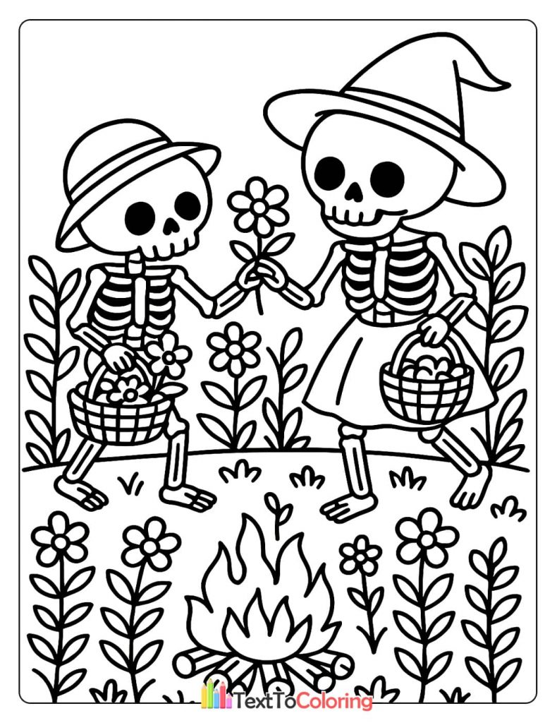 A male and female skeleton, one in a witch hat, holding baskets and picking flowers in a field with a small campfire.