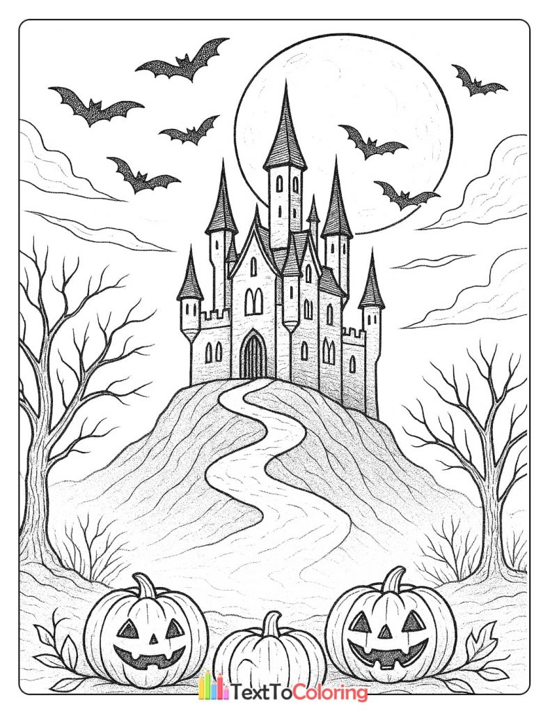 Detailed haunted castle on a hill with bats and jack o lanterns
